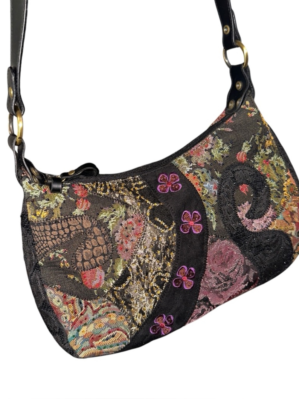 Bueno Tapestry Embroidered Shoulder Bag Multicolor Black Trim ID Case